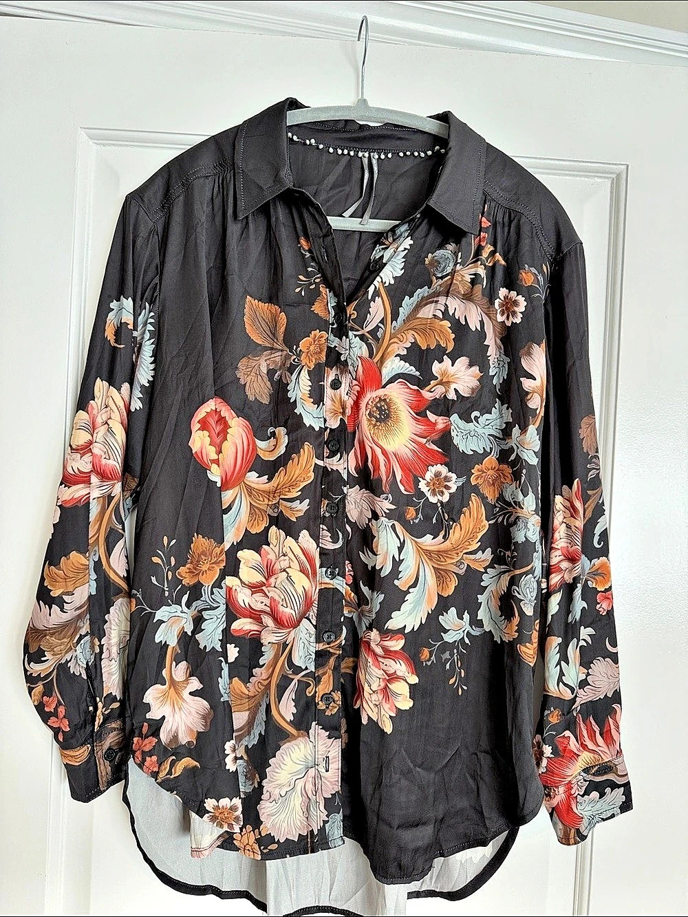 Anthropologie Floral Button Down Shirt Black & Multicolor